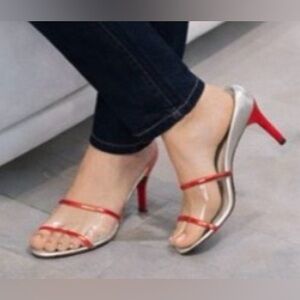 LADIES PRADA VINTAGE SILVER & RED TRANSLUCENT HEELS - SIZE 8.5
